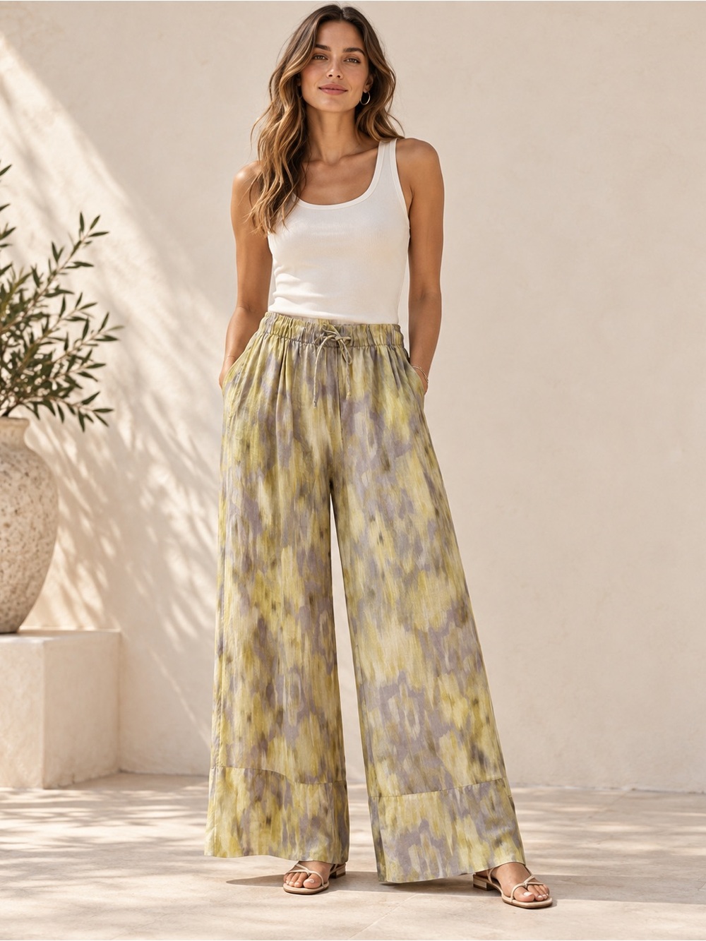 Zara ZW Collection Ramie Printed Palazzo Pants Ikat Wide Leg M resort pool vacat